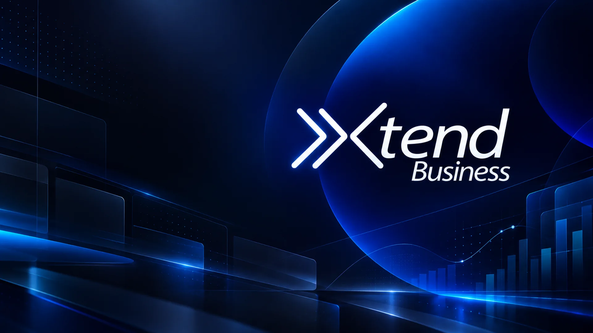 Composición ejecutiva grafito y azul con identidad XTEND Business y elementos abstractos de análisis